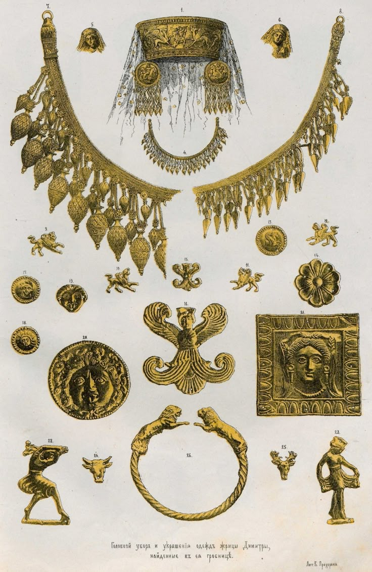 an antique illustration of gold jewelry from the 19th century, including necklaces and rings