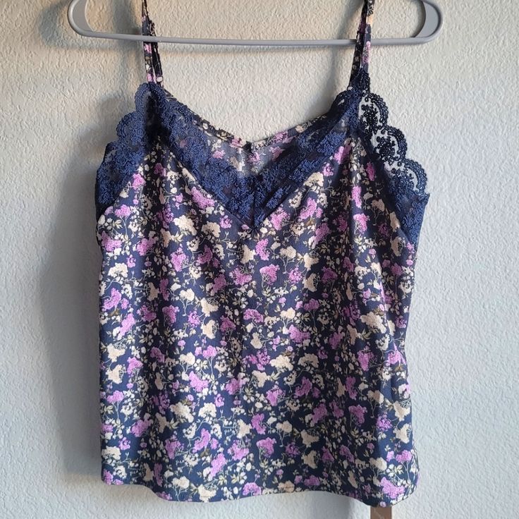 (Brand New, With Tags) Blue Floral Print Camisole Tank Top, Blue Floral Print Spaghetti Strap Tops, Purple Cotton Camisole Top, Lavender Camisole Top For Summer, Lavender Cami Top For Spring, Casual Purple Top With Lace Trim, Purple Lace Trim Top For Spring, Purple Cami Tank Top For Spring, Purple Camisole Top For Spring