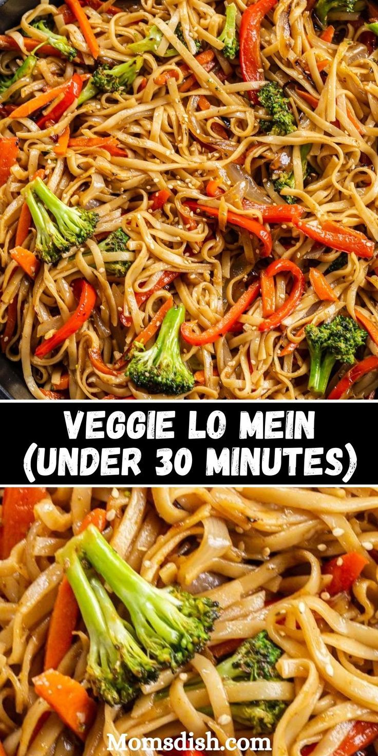 this veggie lo mein is made with noodles, broccoli and carrots