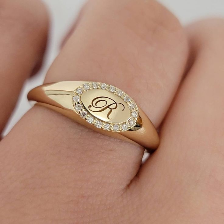 14k Oval Diamond Pave Signet Ring, Engraved Signet Ring, Gold Pinky Ring, 14k Gold Signet Ring, Personalized Initial Monogram Signet Ring - Etsy Jewellery Wishlist, 14k Gold Signet Ring, Engraved Signet Ring, Memory Ring, Signet Ring Gold, Couple Ring Design, Ring Initial, Gold Pinky Ring, Gold Earrings Models