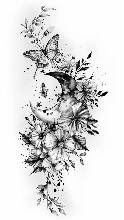 a black and white drawing of a crescent moon with butterflies flying over it, surrounded by flowers