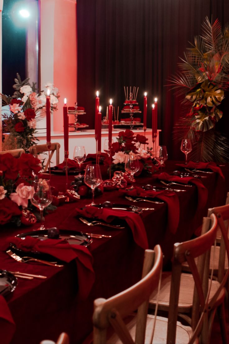 Red is the ultimate cure for sadness. Red Velvet Table Cloth, All Red Table Setting, Dark Red Table Setting, All Red Party Theme, Red Table Scape, Red Birthday Party Decorations For Women, Red Dinner Party, Candlelit Proposal, Red Table Setting