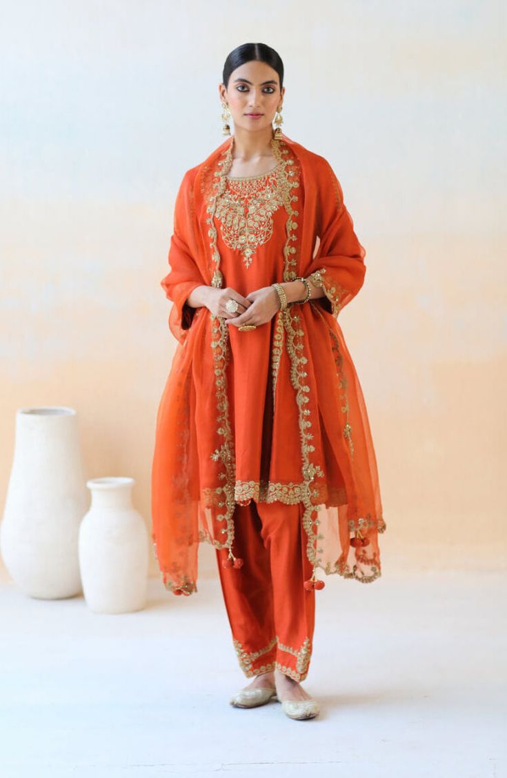 Aman Takyar-Fire Rust Kurta Set-INDIASPOPUP.COM Orange Suit, Latest Dress Design, Kurta Set For Women, Suits Design, Embroidery Suits Design, Dupion Silk, Sharara Set, Boutique Dress Designs, Party Wear Indian Dresses