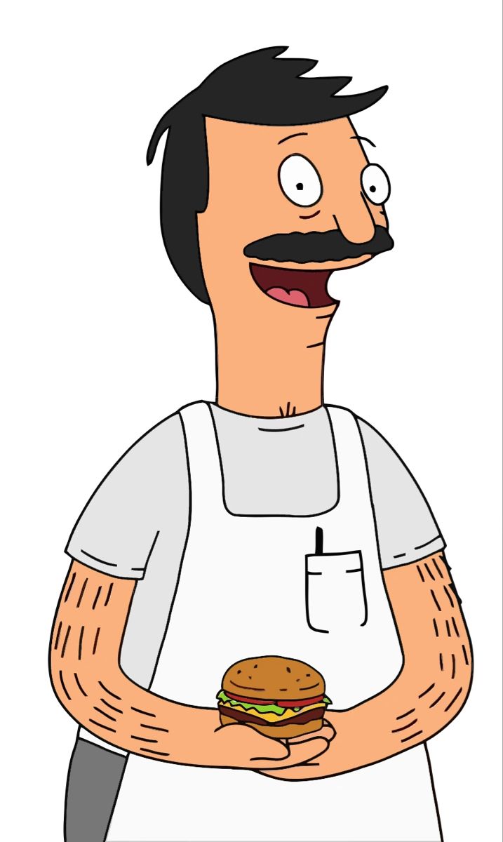 a cartoon man with a mustache holding a burger in his hand and looking at the camera