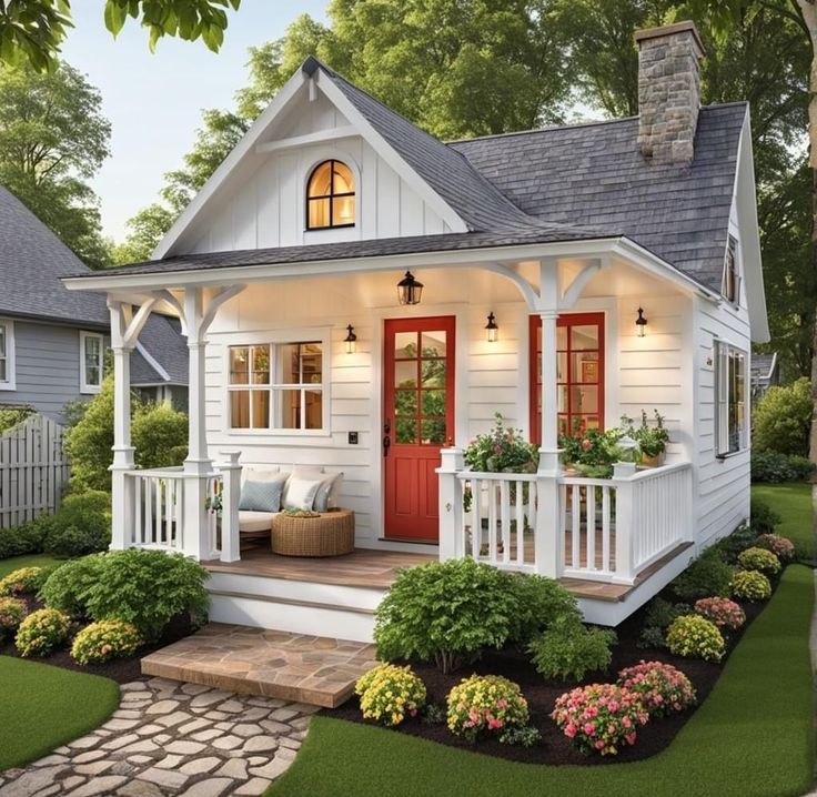 a small white house with red doors and windows on the front porch is surrounded by greenery