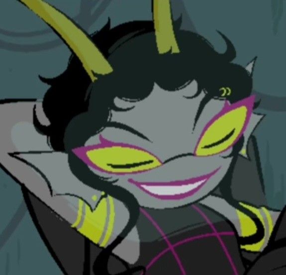 a cartoon character with yellow horns and black hair, smiling at the camera while holding her hands behind her head