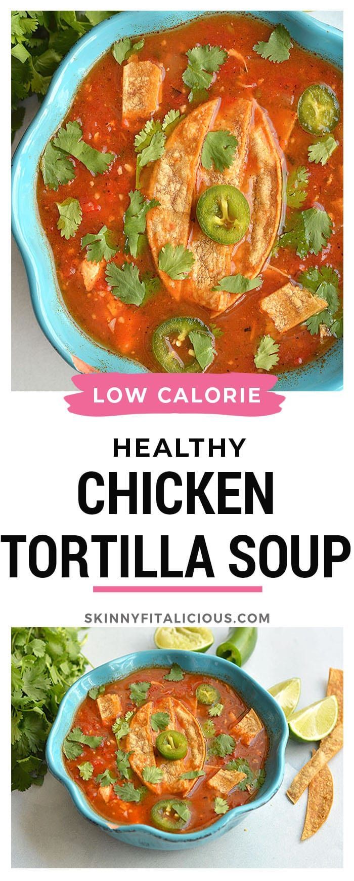 healthy chicken tortilla soup with avocado, cilantro and jalapenos