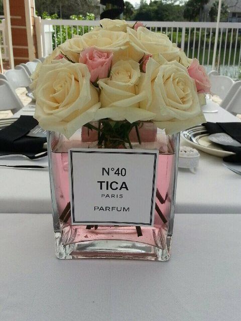 a vase filled with roses on top of a table next to a sign that says, birthday party ideas