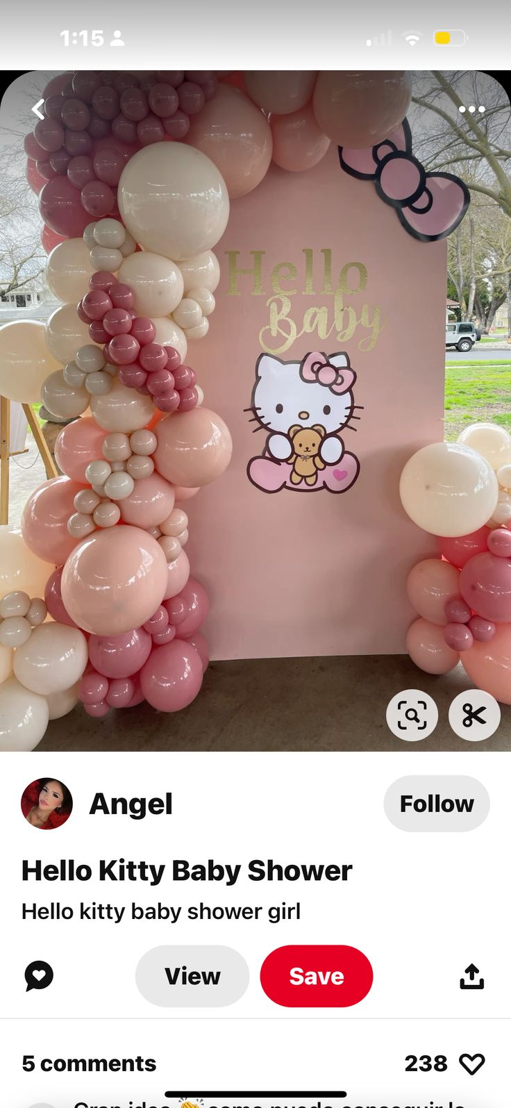 the hello kitty baby shower is displayed on an instagramtion page with balloons and bows