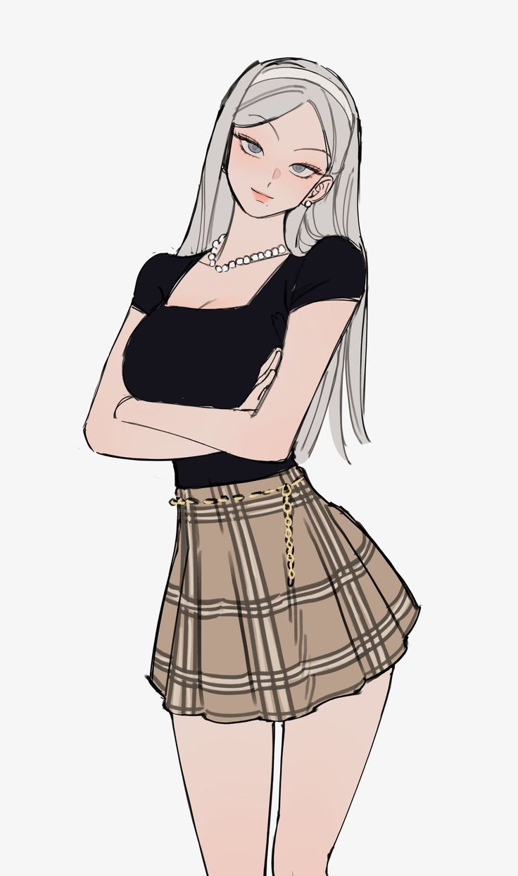 a girl with white hair wearing a black top and plaid skirt, standing in front of a