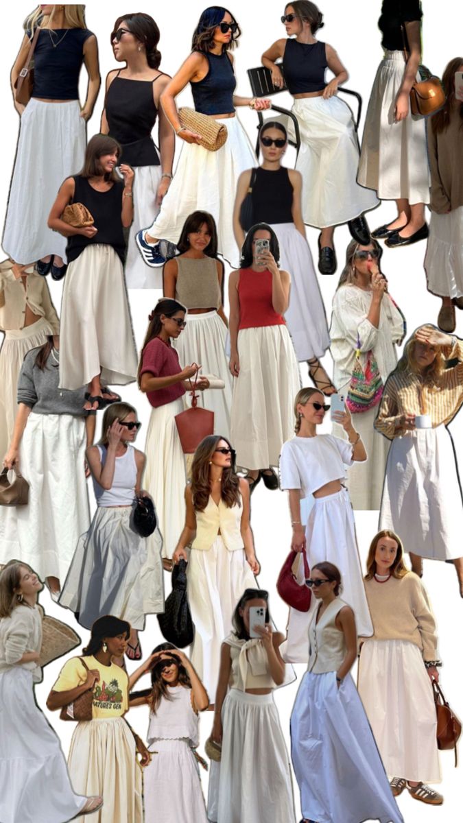 Ways to style White Maxi Skirt Street Style, How To Style White Skirt Long, Long White Skirt Outfit Summer Aesthetic, How To Style A White Maxi Skirt, Maxi Skirt Beach Outfit, Styling White Maxi Skirt, White Maxi Skirt Outfit Summer Casual, Maxi White Skirt Outfit, Long White Skirt Outfit Summer