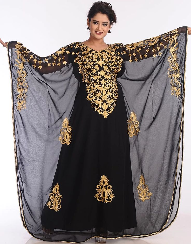 Chic Black Georgette Hand Zari Embroidery Farasha Farasha, Golden, Georgette, Handmade, Black, Black, Kaftans, XS, S, M, L, XL, 2XL, 3XL, 4XL, 5XL, 6XL, 7XL:Arabic Attire Black Traditional Drape Kaftan For Festive Occasions, Bollywood Style Evening Kaftan With Resham Embroidery, Traditional Gold Embroidered Dress With Resham Embroidery, Evening Kaftan With Zari Work In Georgette, Evening Georgette Kaftan With Zari Work, Gold Georgette Dress With Gold Embroidery, Elegant Gold Embroidered Georgette Fabric, Gold Long Sleeve Georgette Dress, Traditional Gold Embroidered Festive Dress