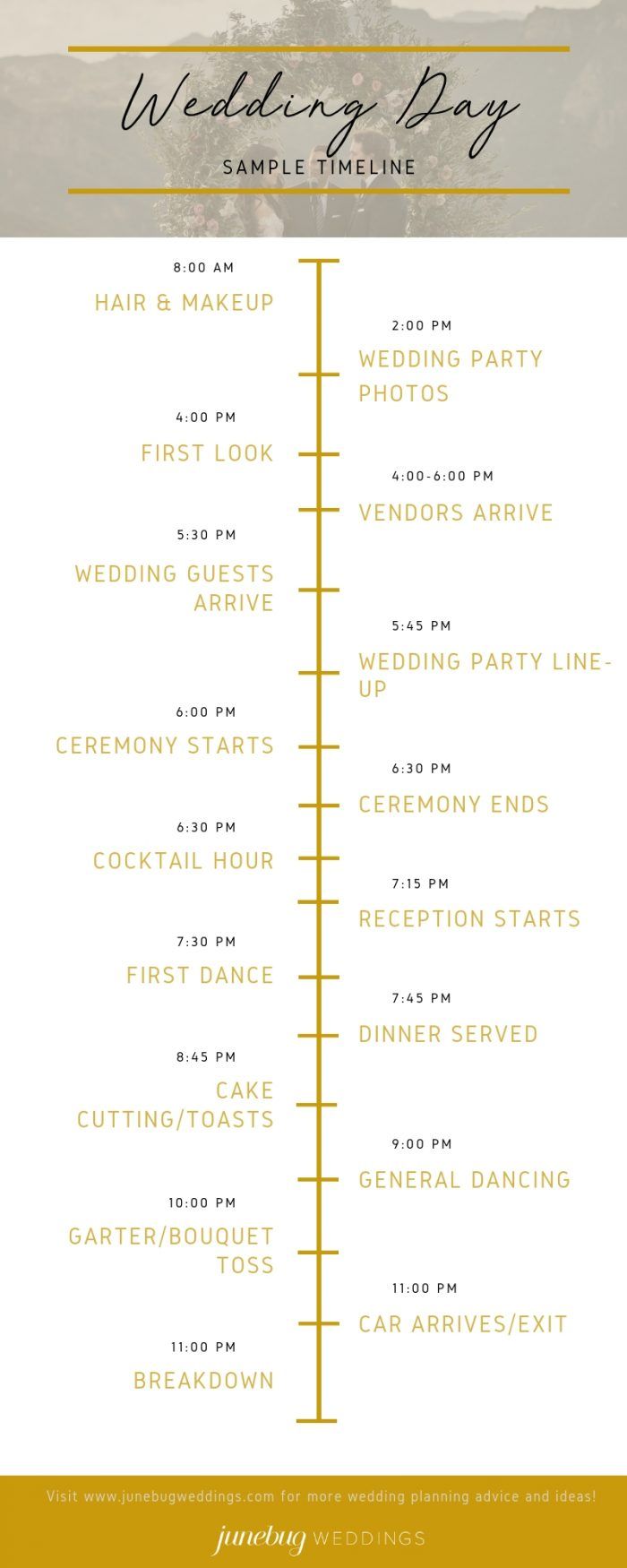 the wedding day schedule is shown in gold and white