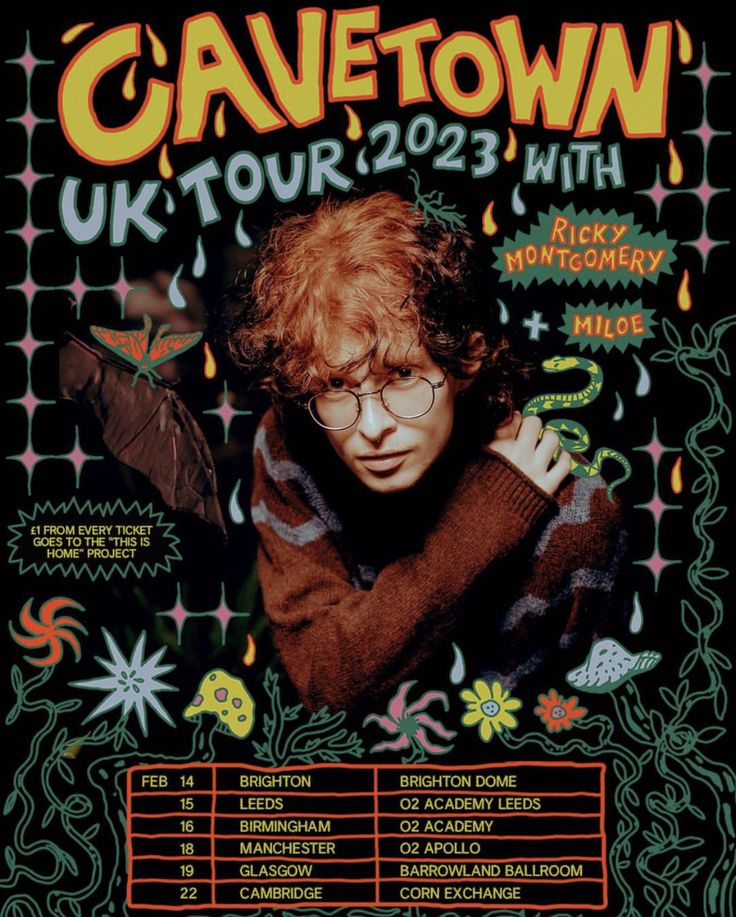 the poster for cavetown uk tour, with an image of a man in glasses