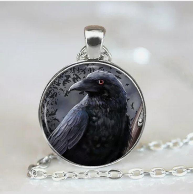 Brand New Handmade Raven Silver Glass Cabochon Necklace. Unisex Necklace. Crow Gifts, Raven Jewelry, Embossed Jewelry, Raven Pendant, Black Raven, Cabochon Necklace, Black Industrial, Black Crow, Gothic Necklace