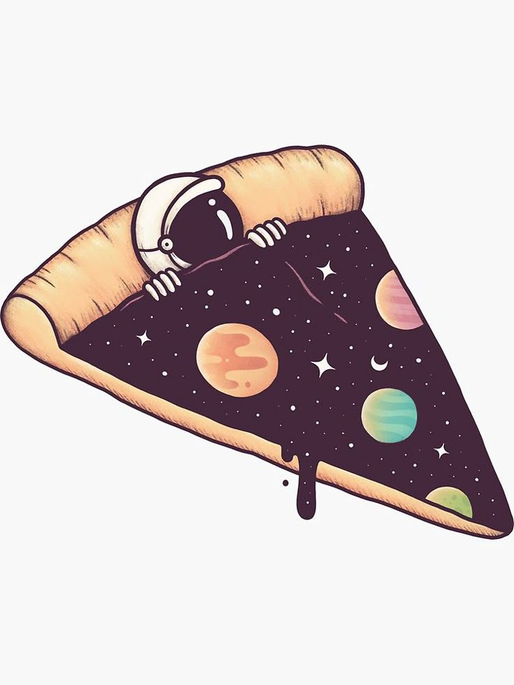 a piece of pizza with an astronaut on it's face and planets in the background