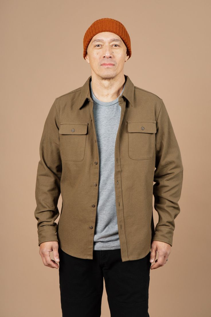 This classic shirt features two chest pockets and a full button-closure and a relaxed cut to accommodate layering. Our standard straight fit is an easy go-to style that goes from work to weekend and can be worn as a shirt or open loose as an overshirt. This versatile 9oz twill is brushed for softness on the inside for all day comfort 100% Cotton Twill Standard Fit Two button-closure chest pockets Soft brushed interior Machine wash cold with mild detergent. Line dry or tumble dry low. Warm iron i Olive Button-up Workwear Shirt, Olive Overshirt Outfit Men, Military Style Cotton Shirt With Relaxed Fit, Rugged Button-up Outdoor Shirt, Brown Button-up Flannel Shirt For Outdoor, Overalls And Sweater, Sweater Season, Nursing Friendly, Classic Shirt