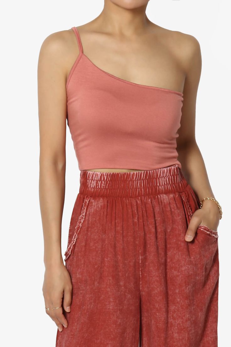 Flaunt your summer style with this chic One Shoulder Strap Double Layered Crop Cami Tank Top.This lightweight, sleeveless cami features a trendy asymmetric scoop neck and spaghetti strap, making it an ideal choice for cool summer outfits or as a versatile layer for streetwear looks.A modern classic that's both casual and fitted, it's lined for quality and designed for day-to-night versatility.Pair with high-waisted jeans or a flowy skirt for effortless travel-ready ensembles that transition seamlessly from a casual weekend vibe to vacation flair. Ideal for Trendy One-Shoulder Design: Stand out with the asymmetric neckline and single spaghetti strap, perfect for streetwear fashion.Soft Jersey Comfort: Enjoy the soft, stretchable comfort of a rayon jersey knit fabric in this lightweight, fit Summer Scoop Neck Camisole With Built-in Bra, Summer Camisole With Built-in Bra And Scoop Neck, Summer Tops With Spaghetti Straps And Built-in Bra, Casual Spring Halter Top With Built-in Bra, Chic Stretch Tank Top For Summer, Summer Stretch Camisole Tank Top, Trendy Camisole With Built-in Bra For Spring, Sleeveless Summer Tank Top With Built-in Bra, Sleeveless Tank Top With Built-in Bra For Summer