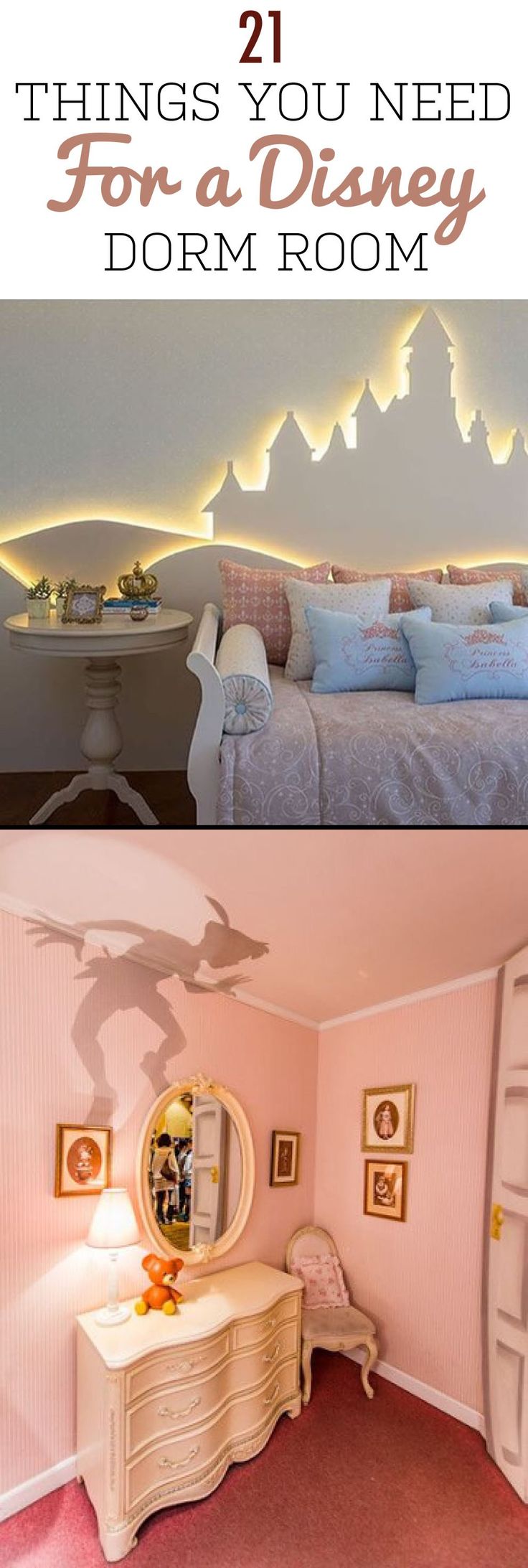 there are two pictures with the words 21 things you need for a disney dorm room