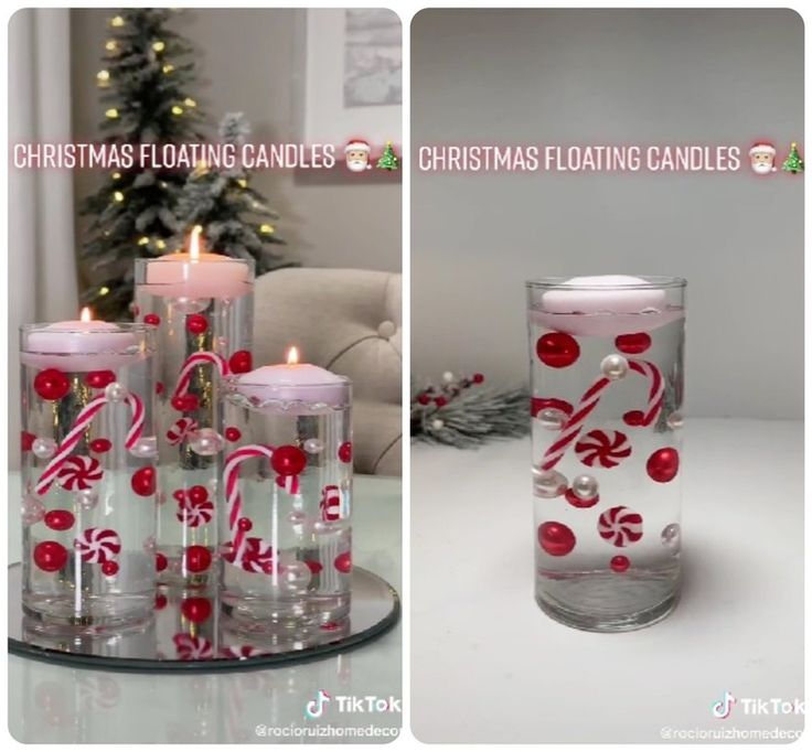 DIY Christmas floating candles are trending for the 2022 holiday season. The easy project uses water beads and vase fillers in tall glass jars. Christmas Floating Candles, Diy Floating Candles, Christmas Vases, Diy Christmas Tree Topper, Christmas Homescreen, Minimalist Christmas Tree, Dollar Tree Christmas, Pencil Christmas Tree, White Christmas Trees