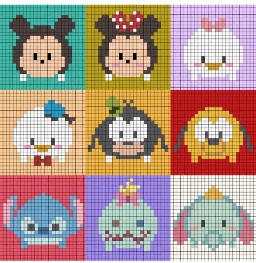 cross stitch pattern with many different cartoon characters