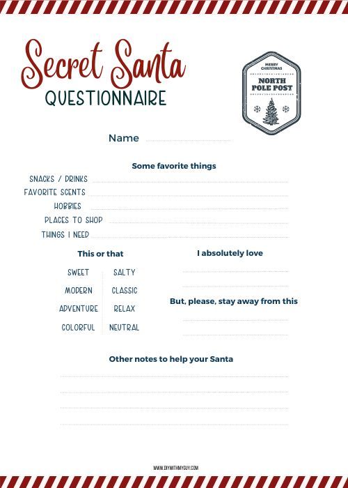 the secret santa question sheet is shown in red and white