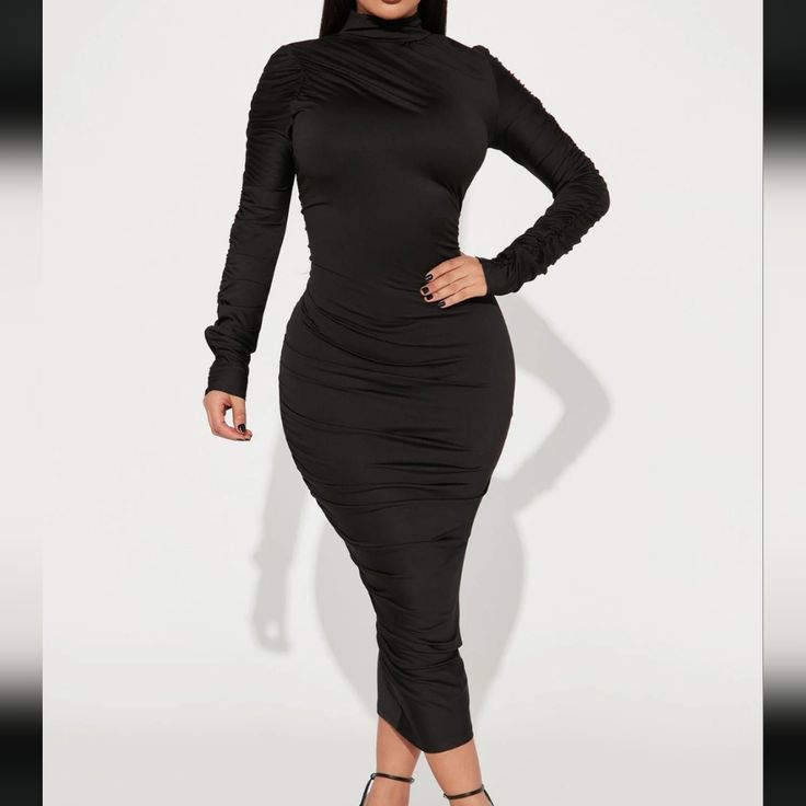 Black Dress Black Ruched Winter Dress, Black Bodycon Dress For Evening In Fall, Ruched Bodycon Dress For Evening In Fall, Fall Season Ruched Bodycon Evening Dress, Winter Midi Dress For Date Night With Ruched Detail, Fall Season Ruched Bodycon Dress For Evening, Winter Date Night Midi Dress With Ruched Detail, Winter Ruched Midi Dress For Date Night, Winter Date Night Ruched Midi Dress