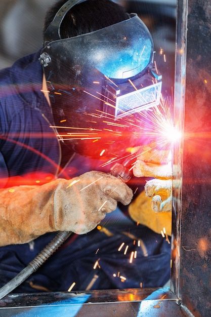 welder in protective gear working on metal with sparks coming from his face and hands