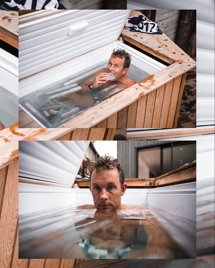 a man sitting in a hot tub surrounded by water