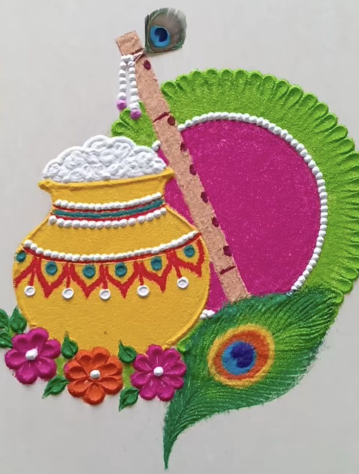 an embroidered patch with a pot and peacock tail on it, surrounded by colorful flowers