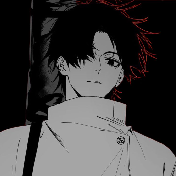 an anime character with black hair and white shirt looking off to the side in front of a dark background