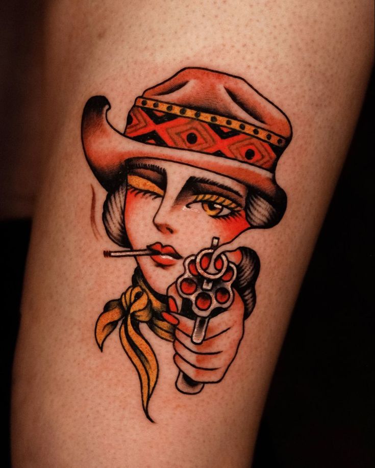 Conventional Cowgirl western tattoo gun cowboy wild west Check more at https://howcandothis.com/womenstyle/conventional-cowgirl-western-tattoo-gun-cowboy-wild-west/ Cowgirl Gunslinger Tattoo, Spanish Woman Tattoo, Old Western Tattoos Vintage, Old School Woman Tattoo, Vintage Cowgirl Tattoo, Vintage American Traditional Tattoo Flash, Cowboy Traditional Tattoo, American Traditional Cowgirl Tattoo, Cowgirl Pinup Tattoo