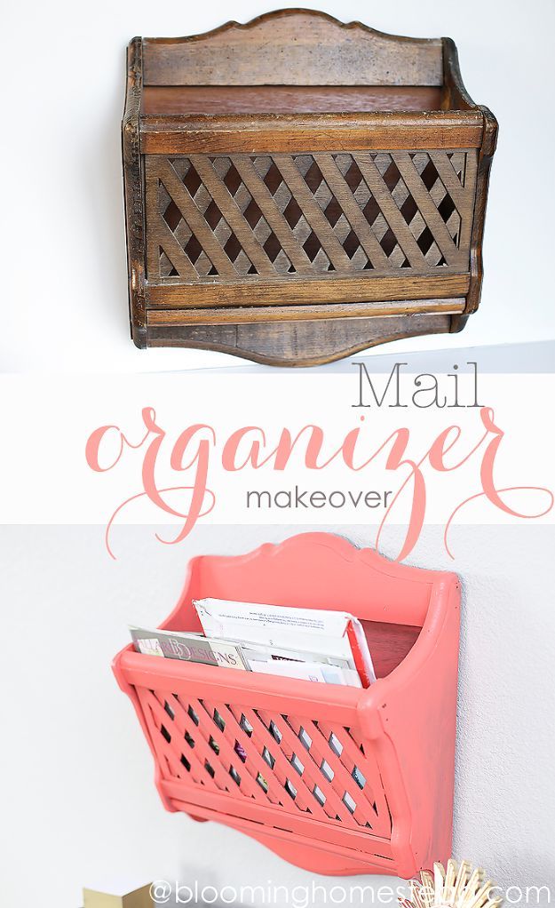 mail organizer made from an old wooden box with text overlay that says mail organizer makeover