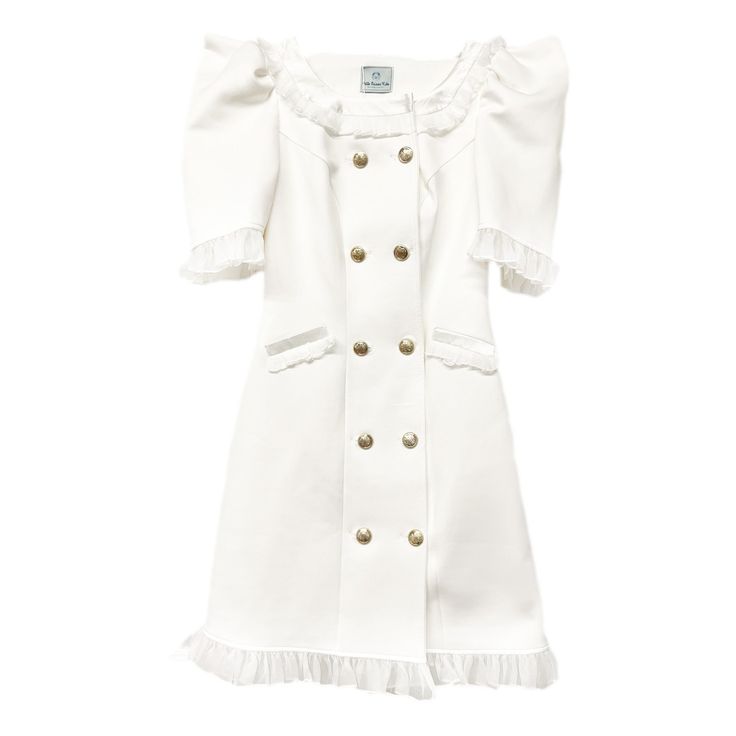 Petite Maison Kids. White tuxedo style blazer dress with gold hardware buttons. Statement pointed shoulders. Faux pockets. Organza ruffles on skirt and arms. Cotton lining. Matching daughter version available! Elegant Formal Blazer Dress With Gold Buttons, Fitted Blazer Dress With Gold Buttons For Formal Events, Fitted Blazer Dress With Gold Buttons For Formal Occasions, Elegant Blazer Dress With Gold Buttons For Work, Elegant Blazer Dress With Gold Buttons For Office, Elegant Office Blazer Dress With Gold Buttons, Fitted Dresses With Double Button Closure, Chic Formal Mini Dress With Button Closure, Fitted Evening Dress With Double Button Closure