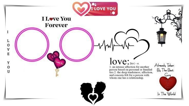 an ad for love you forever with two heart balloons and a lamp postcard that says i love you forever