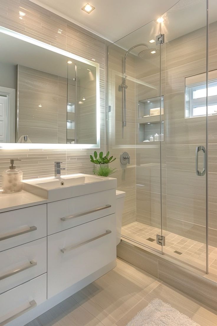 a bathroom with a sink, mirror and shower stall