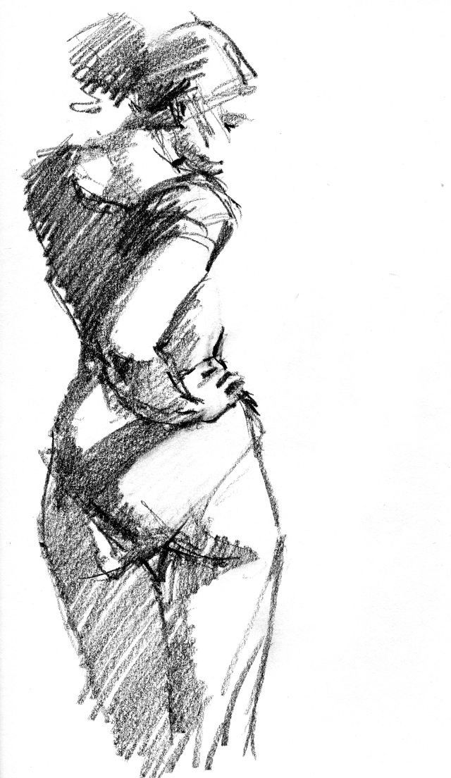 a black and white drawing of a woman's body with her hands on her hips