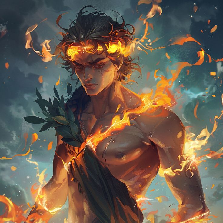 a man with flames around his body holding a plant