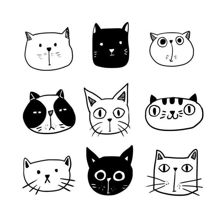 black and white hand drawn cats faces