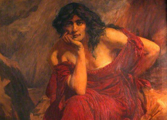 a painting of a woman in a red dress with her hand on her chin and looking to the side