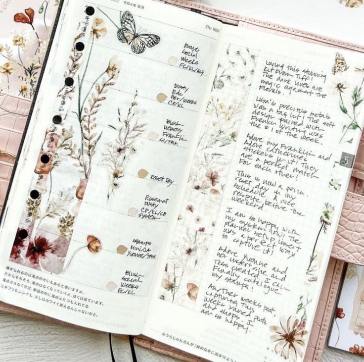 an open planner with flowers and butterflies on it, next to a pink purse full of notes