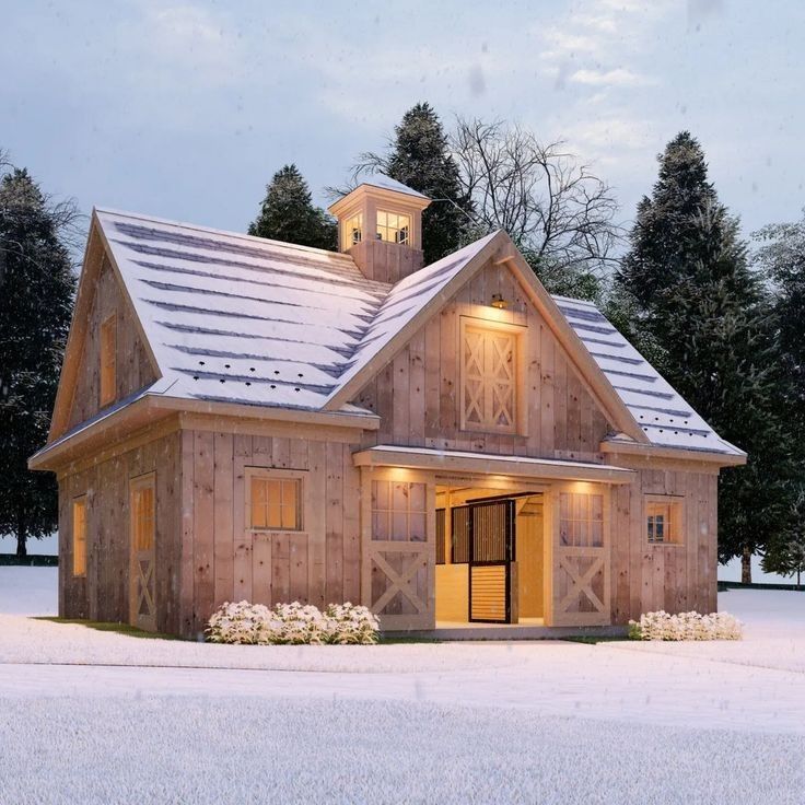 a large wooden house with a white roof and windows on the front porch is lit up at night