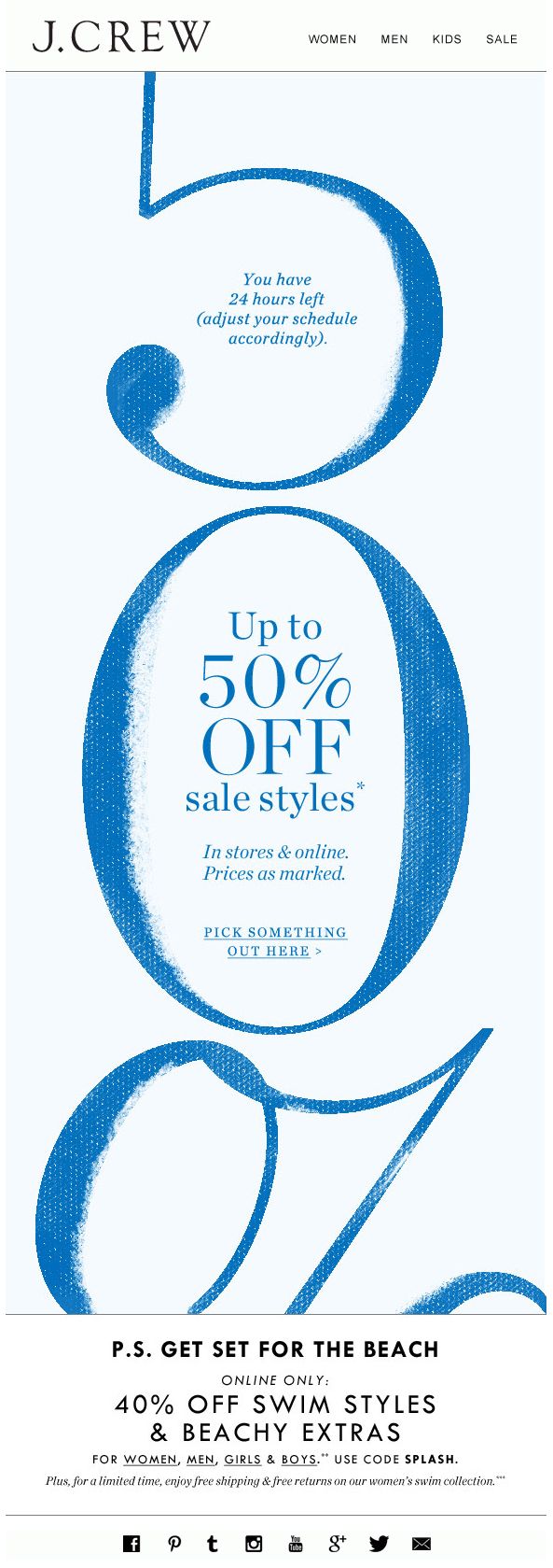 the jcreww coup for 50 % off sale styles is shown in blue and white