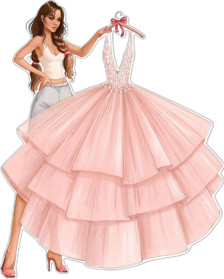 a drawing of a woman in a pink dress with a hanger on her shoulder