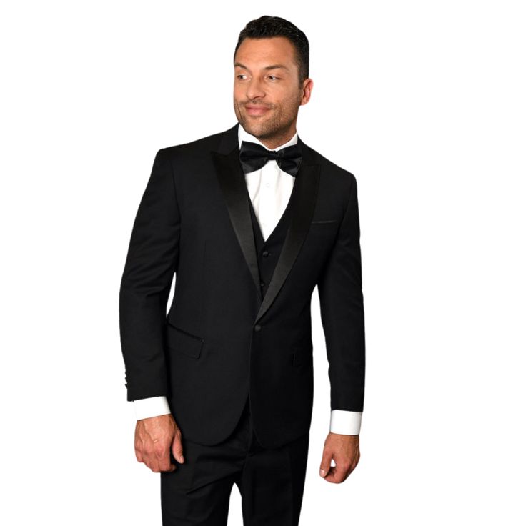 SEmbrace sophistication with the Earl Elegance 3PC Tailored Fit Tuxedo in classic black. This tuxedo is the epitome of formal excellence, featuring a sharp peak lapel and meticulously tailored flat-front pants. The fine 100% wool fabric provides a smooth drape and a soft touch, ensuring you look impeccable at any upscale event. The black colorway offers unparalleled versatility and timeless appeal, making it a fundamental piece in the wardrobe of the discerning gentleman.    Style:  3-piece tail Tuxedo Colors, Statement Outfit, Flat Front Pants, Peak Lapel, Gentleman Style, Wool Fabric, Front Design, Dress Code, Dress Codes