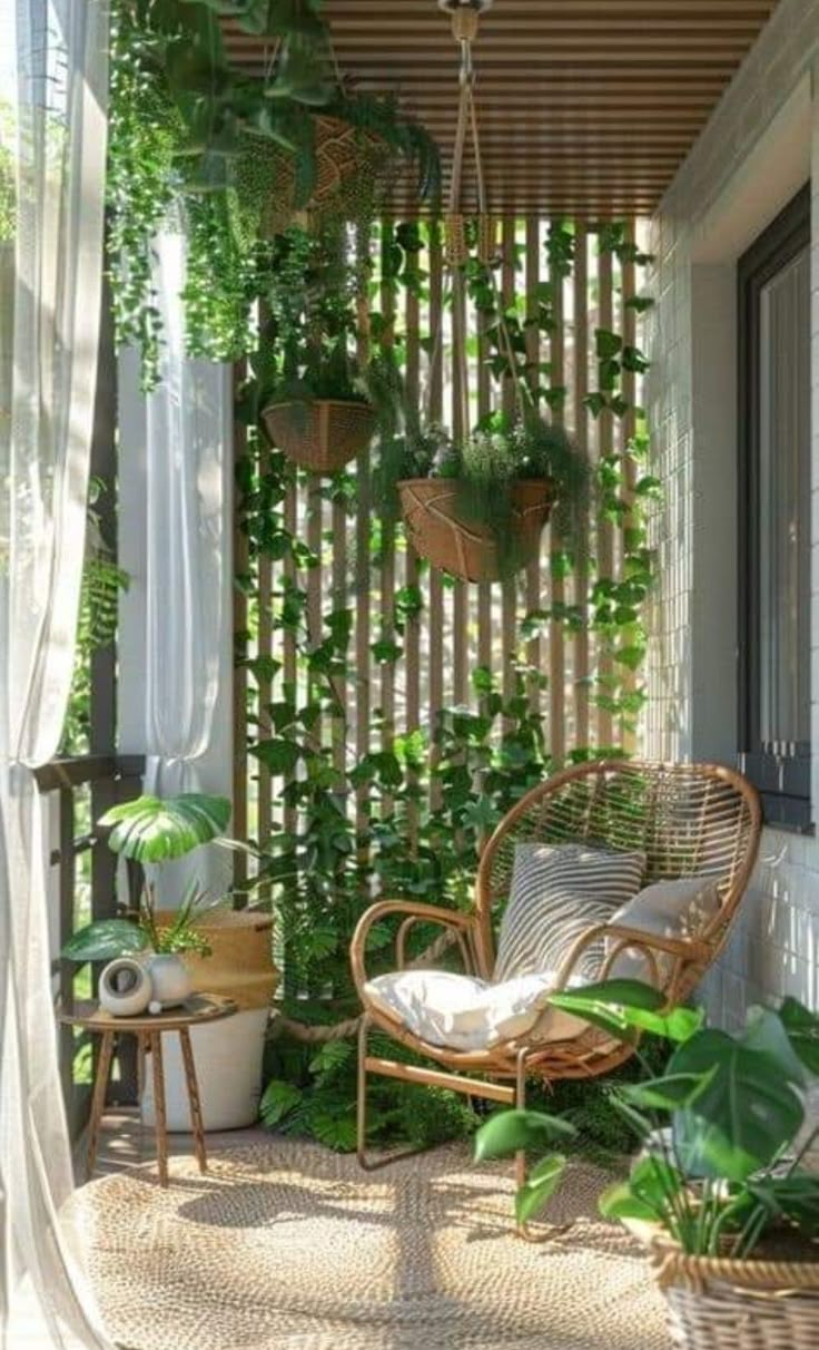 an outdoor patio with plants growing on the wall and hanging from it's ceiling