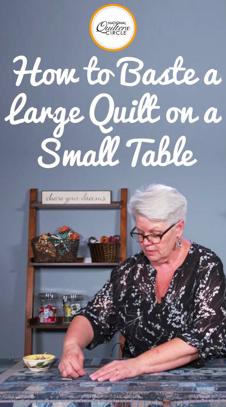 an older woman sitting at a table with the title how to bake a large quilt on a small table