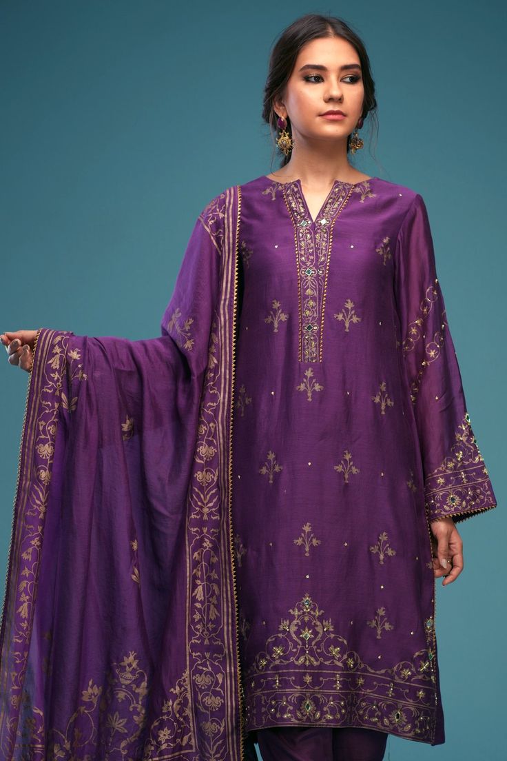 Ready to Wear Suit Aaina Collection | Summer Collection 2020 | ZAAVIAY– Zaaviay Purple Silk Palazzo Set For Festivals, Festival Silk Purple Palazzo Set, Eid Slub Silk Dress With Mirror Work, Slub Silk Dress With Mirror Work For Eid, Eid Tussar Silk Traditional Wear With Mirror Work, Designer Purple Kurta With Cutdana Details, Purple Anarkali Palazzo Set With Cutdana, Traditional Drape Purple Palazzo Set With Dabka Work, Purple Silk Bollywood Palazzo Set