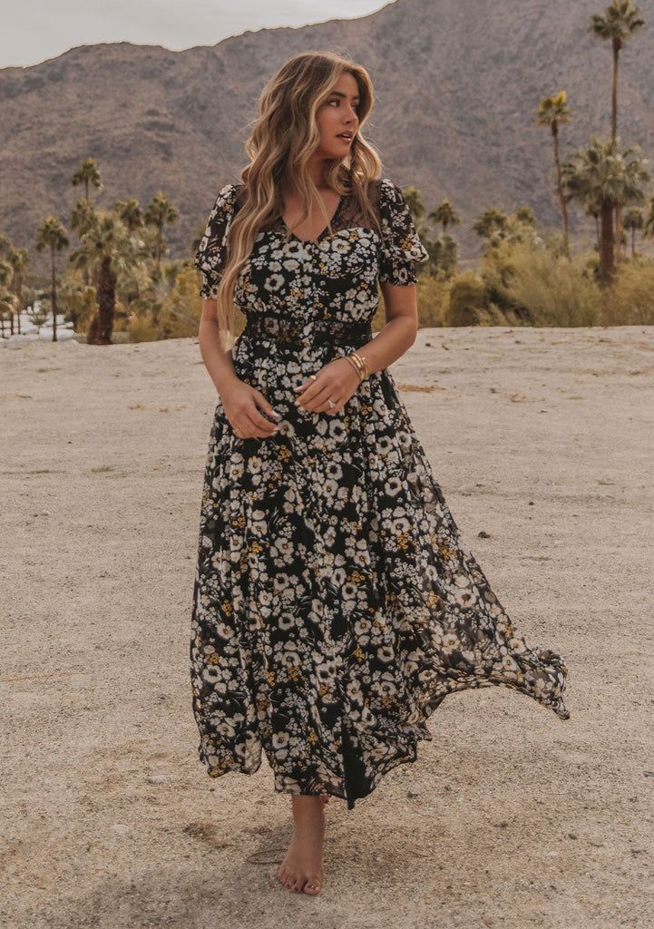 Boho Black & Yellow Floral Maxi Dress | LOVESTITCH Breezy Flowy Maxi Dress With Short Sleeves, Flowy Short Sleeve Maxi Dress In Breezy Style, Flowy Breezy Maxi Dress With Short Sleeves, Flowy Breezy Short Sleeve Maxi Dress, Flowy Chiffon Maxi Dress With Short Sleeves, Flowy Maxi Dress With Short Sleeves For Summer, Flowy Short Sleeve Maxi Dress For Spring, Short Sleeve Chiffon Maxi Dress For Brunch, Chiffon Short Sleeve Maxi Dress For Brunch