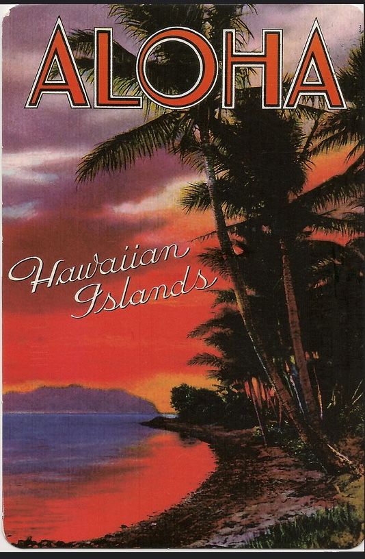 an advertisement for aloha hawaiian islands with palm trees and the ocean in the background